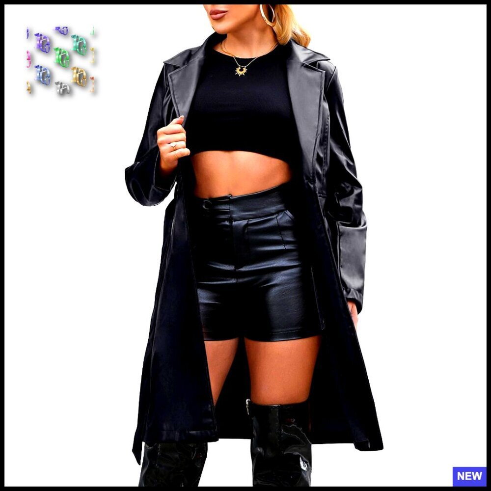Faux Leather Trench Coat Motorcycle Jacket Oversized Chic Belted Open Front